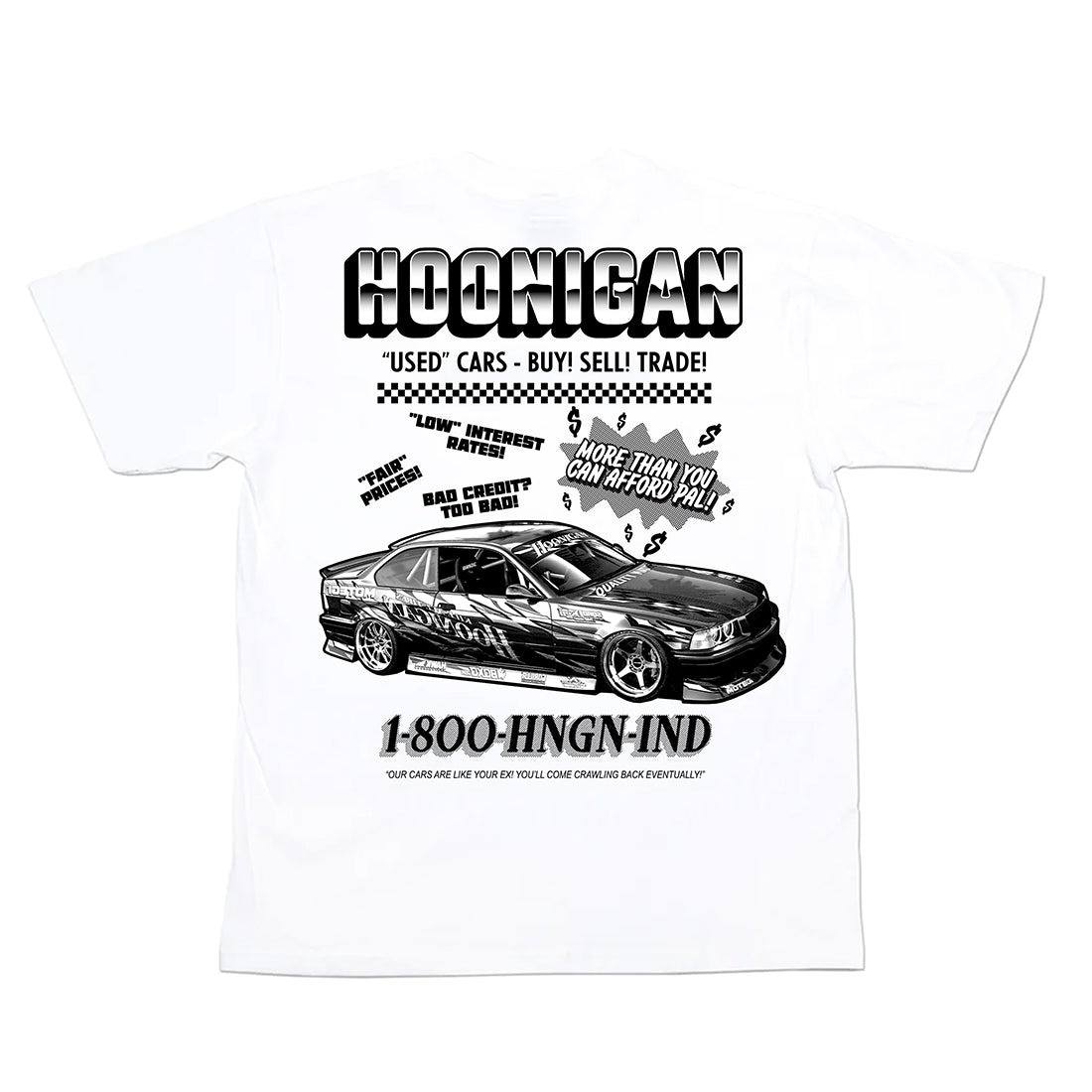 Hoonigan USED CARS Short Sleeve Tee with graphic design on the back, featuring vintage car elements.