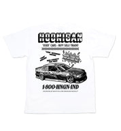 Hoonigan USED CARS Short Sleeve Tee with graphic design on the back, featuring vintage car elements.