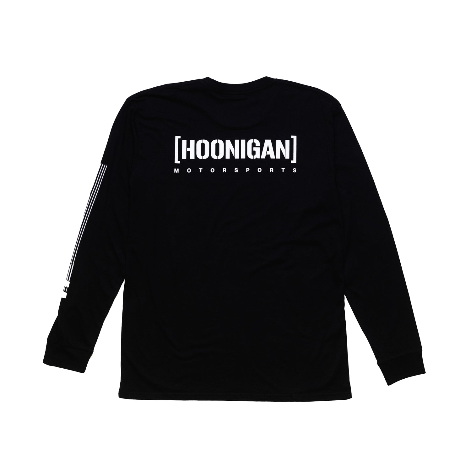 Hoonigan Motorsports long sleeve tee featuring a bold graphic design on the back, black fabric, and ribbed cuffs.