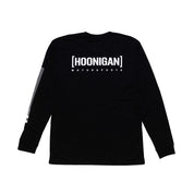 Hoonigan Motorsports long sleeve tee featuring a bold graphic design on the back, black fabric, and ribbed cuffs.