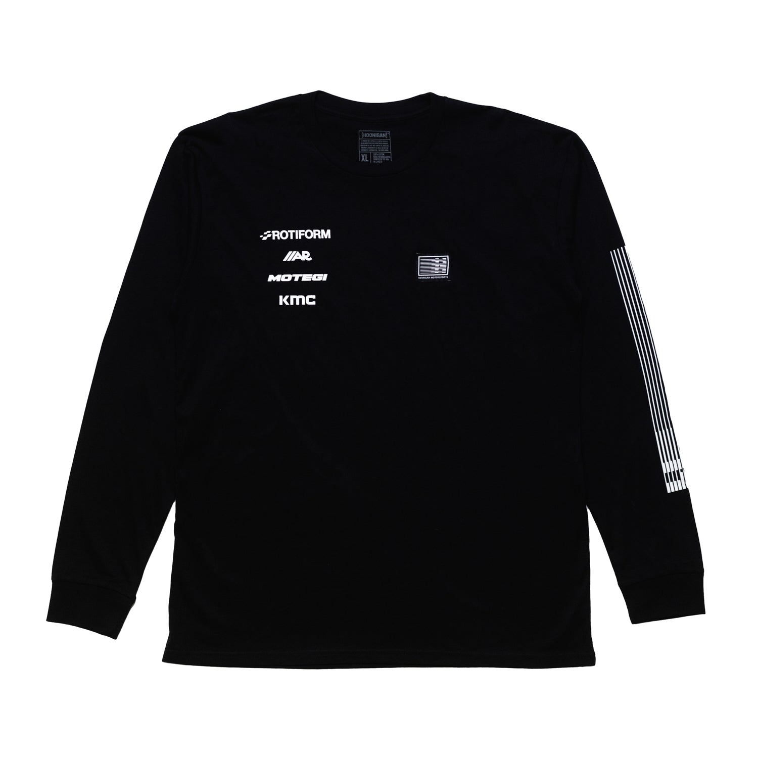 Hoonigan Motorsports Long Sleeve Tee featuring a bold graphic design on the front, available in black.