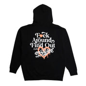 Hoonigan FIND OUT Pullover Hoodie in black with white graphic text on the front.