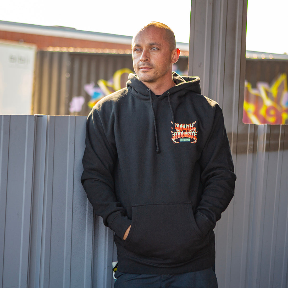 Black Hoonigan MAYHEM WORLDWIDE pullover hoodie featuring a bold graphic logo on the front.