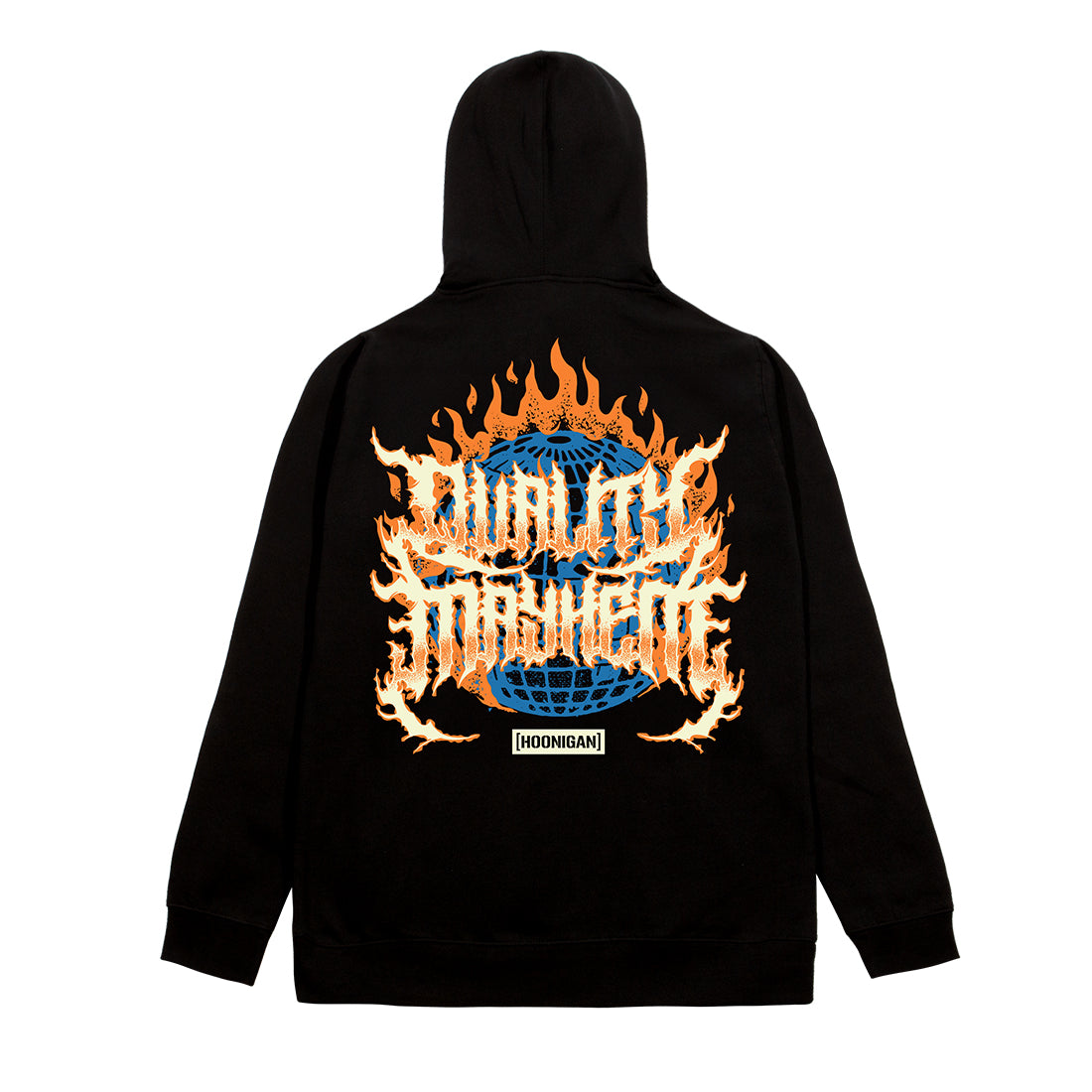 Hoonigan MAYHEM WORLDWIDE black pullover hoodie featuring a bold graphic logo on the back.