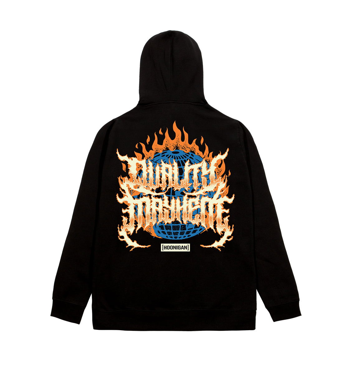 Hoonigan MAYHEM WORLDWIDE black pullover hoodie featuring a bold graphic logo on the back.