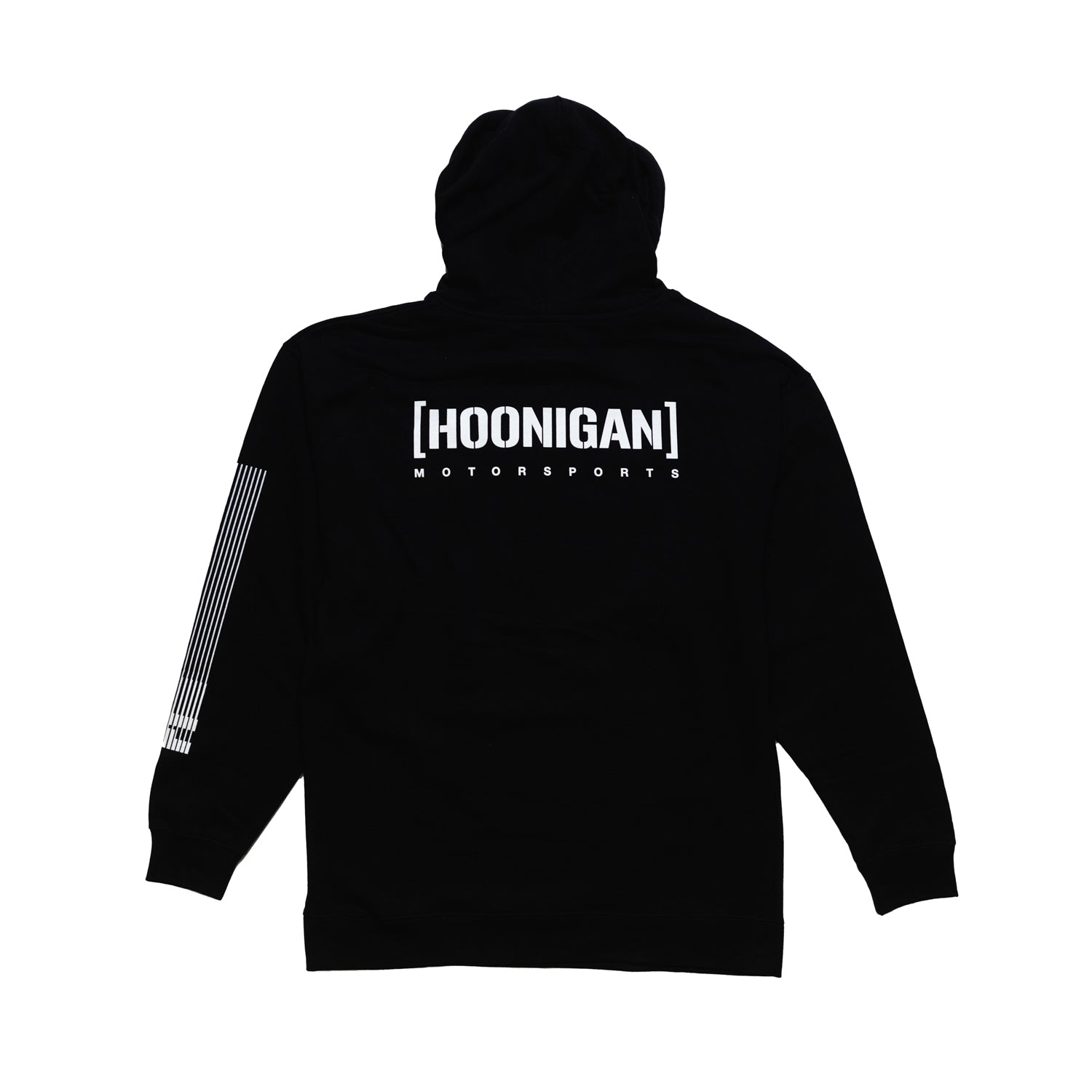 Hoonigan Motorsports pullover hoodie featuring a bold logo design on the back in black and white, against a soft fabric background.