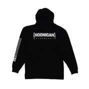 Hoonigan Motorsports pullover hoodie featuring a bold logo design on the back in black and white, against a soft fabric background.