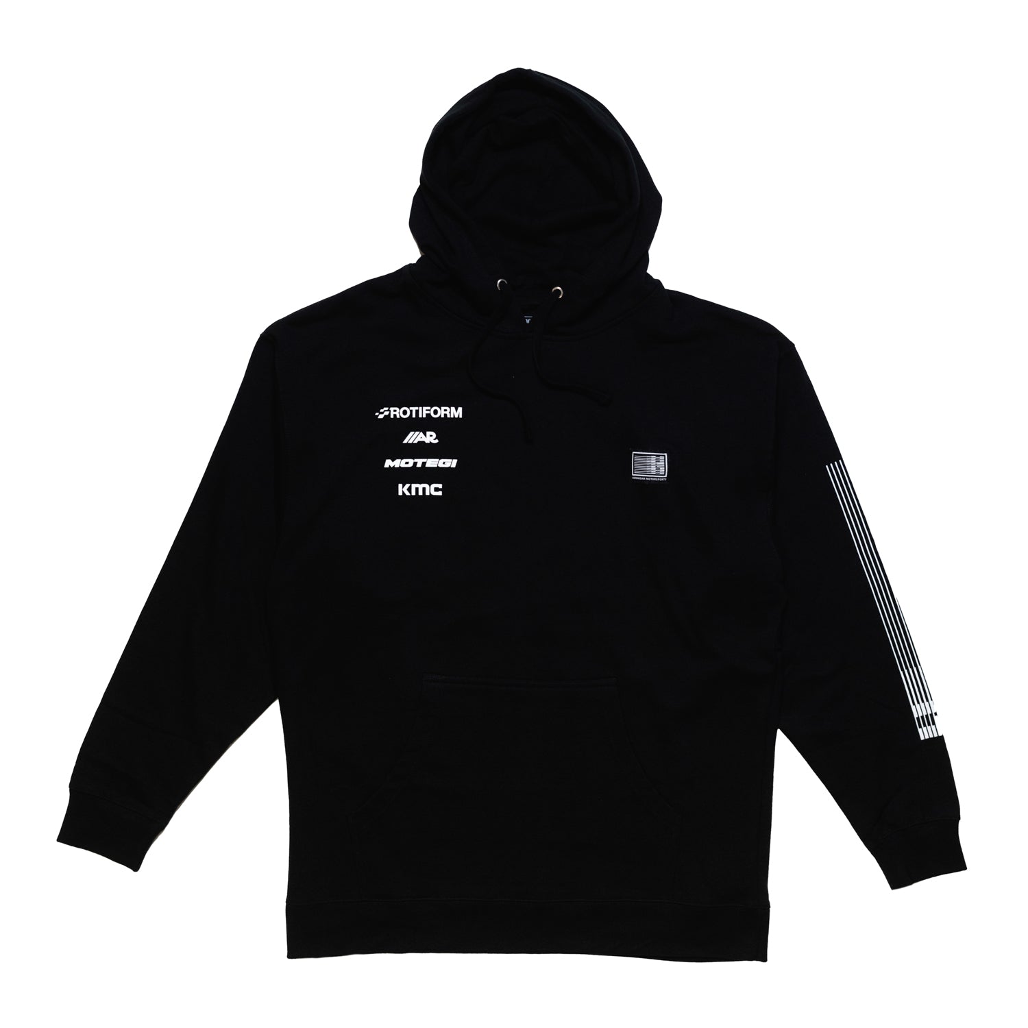 Black Hoonigan Motorsports pullover hoodie featuring a large logo on the front, designed for automotive enthusiasts.