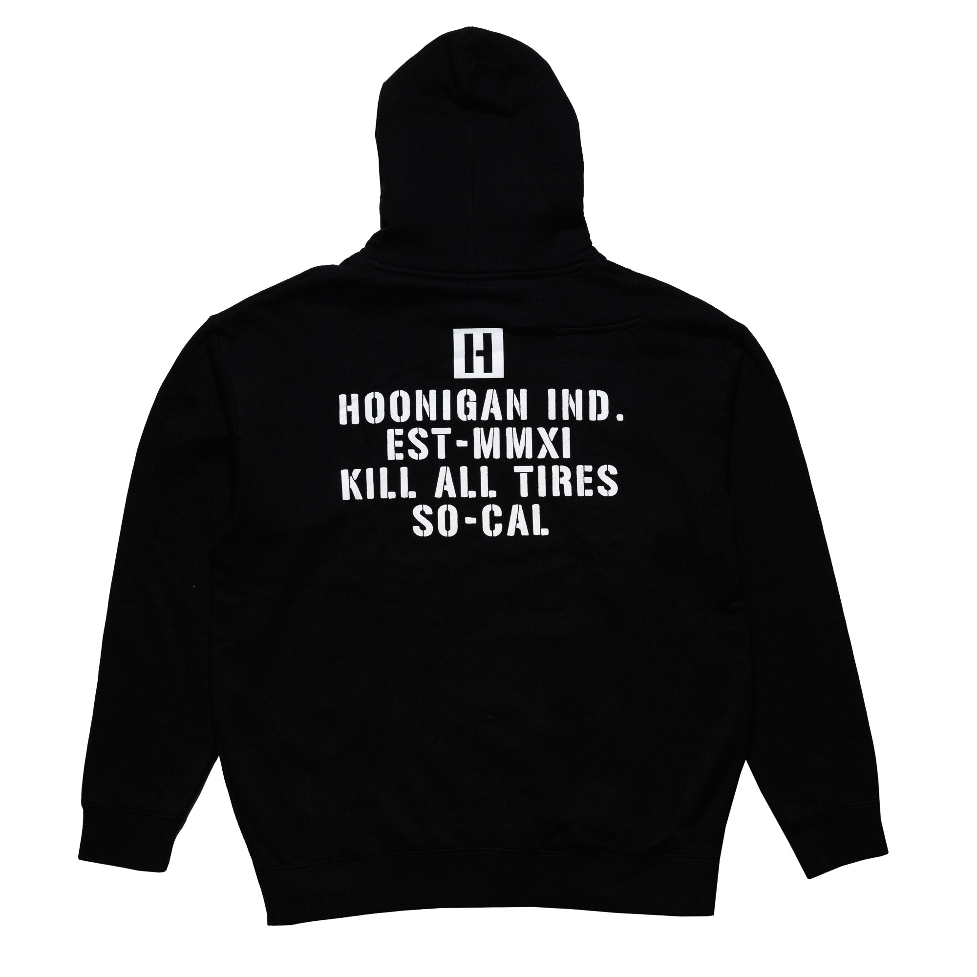 Hoonigan STENCIL Pullover Hoodie featuring a minimalist design with large logo print on the front, available in black.