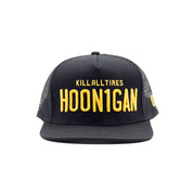 Hoonigan Vintage Plates Trucker Hat featuring a classic design with a black front, mesh back, and embroidered logo.