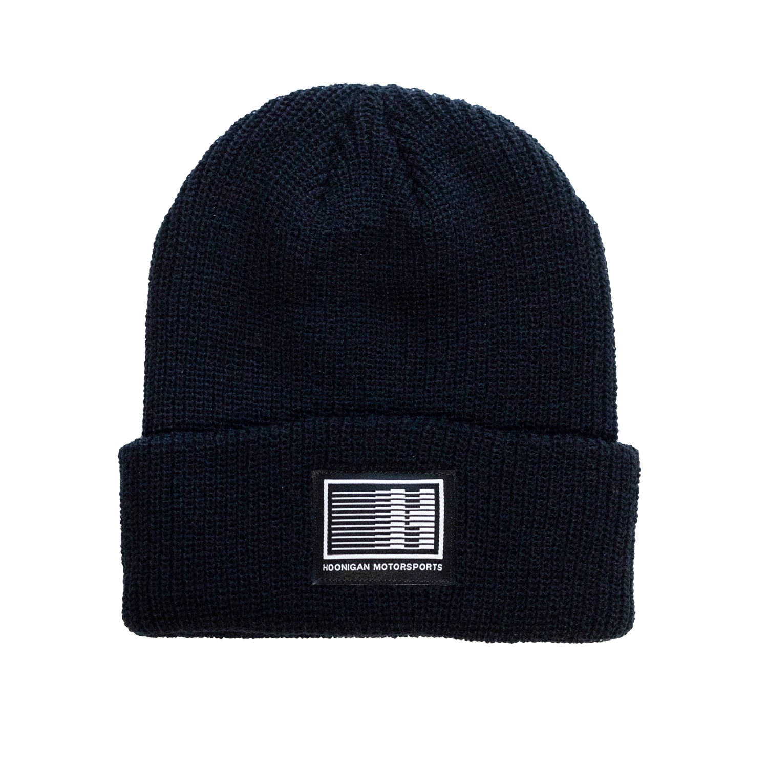 Black Hoonigan Motorsports beanie featuring a white logo on the front, made for warmth and style.