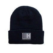 Black Hoonigan Motorsports beanie featuring a white logo on the front, made for warmth and style.