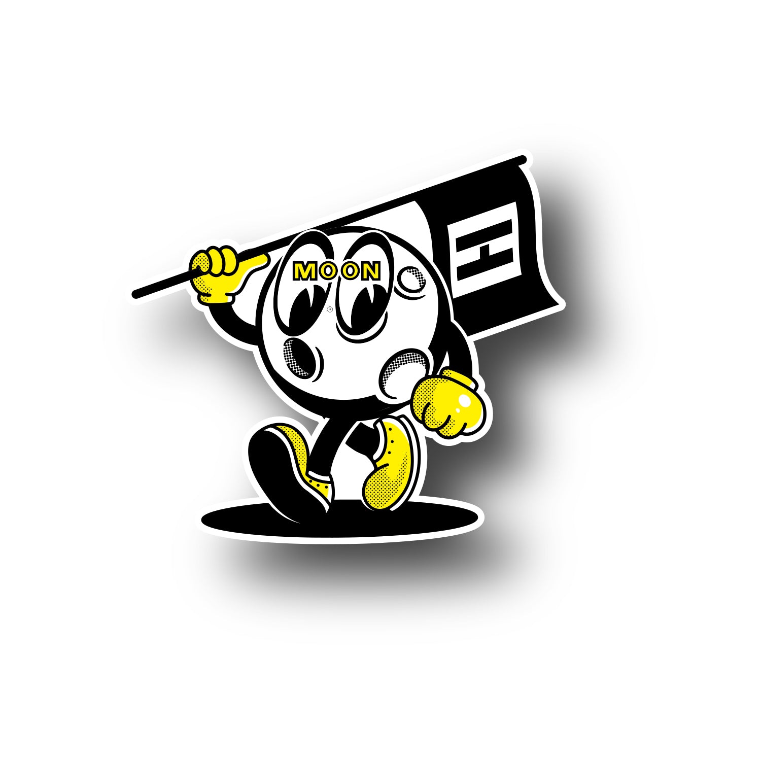 Hoonigan x Mooneyes MOON MAN 3.5-inch sticker featuring a cartoon character with a moon motif and vibrant colors.