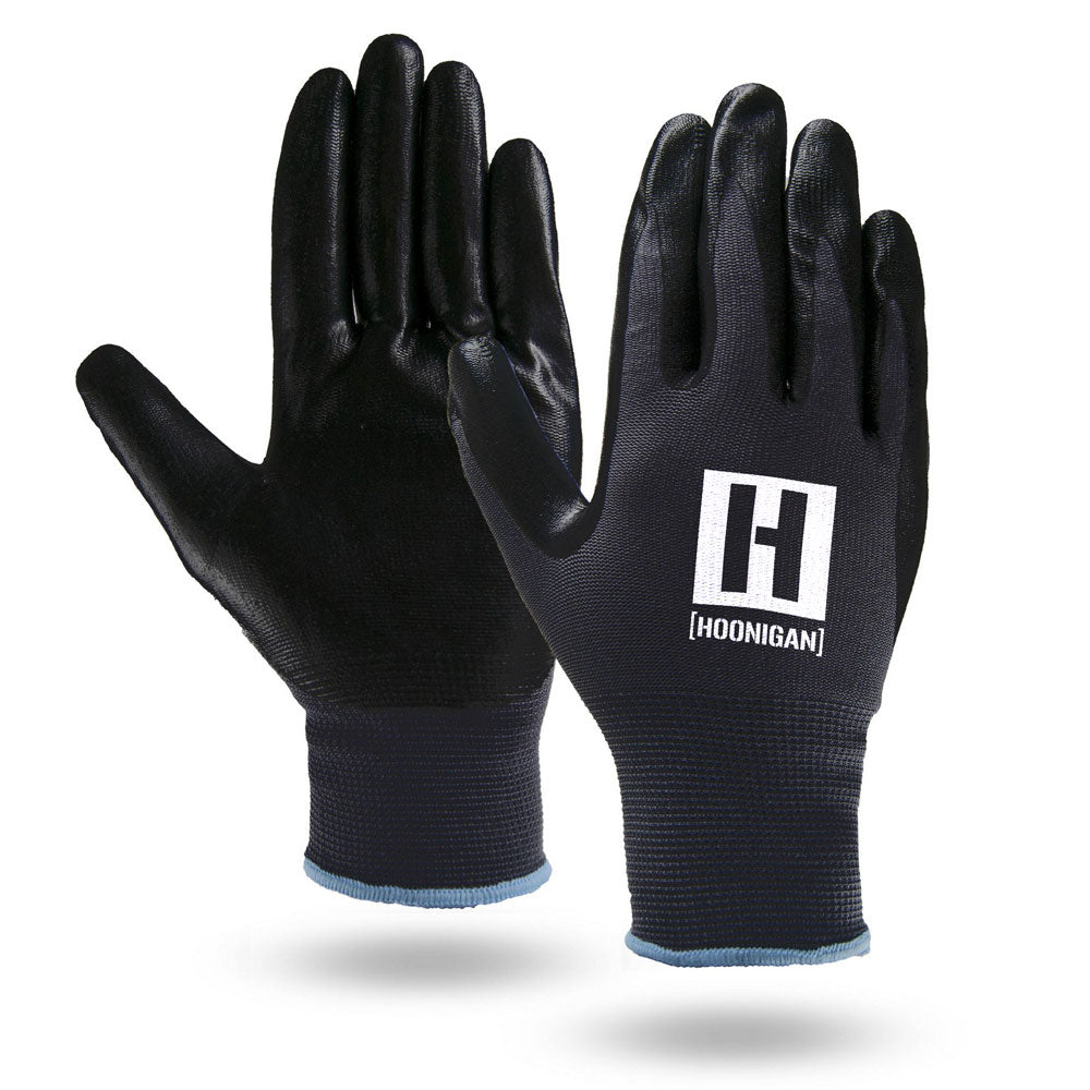 Hoonigan HBOX work gloves in black and red, featuring reinforced palms and flexible fabric for durability and comfort.