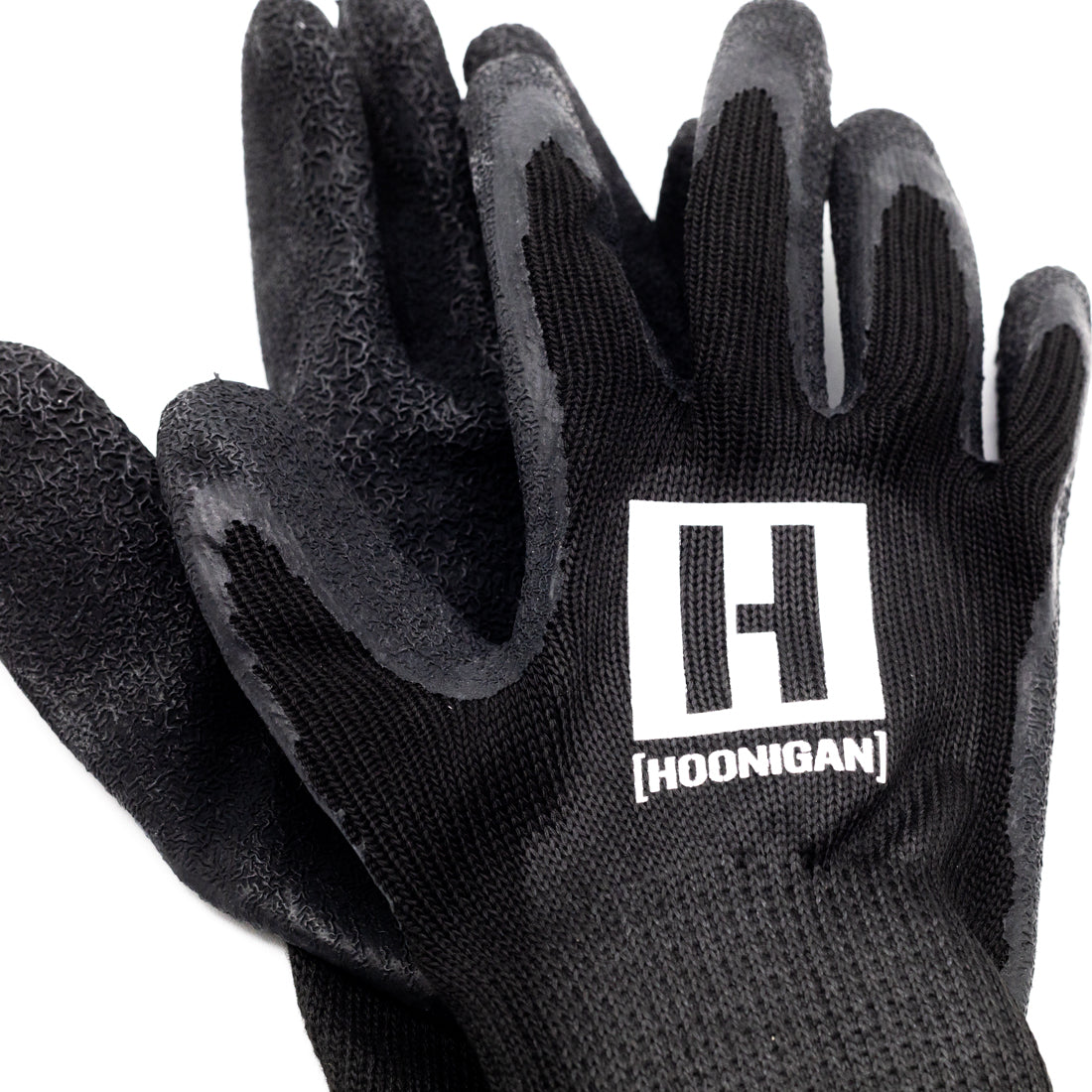 Hoonigan HBOX work gloves featuring a black and grey design, reinforced fingertips, and adjustable wrist straps for optimal fit and protection.