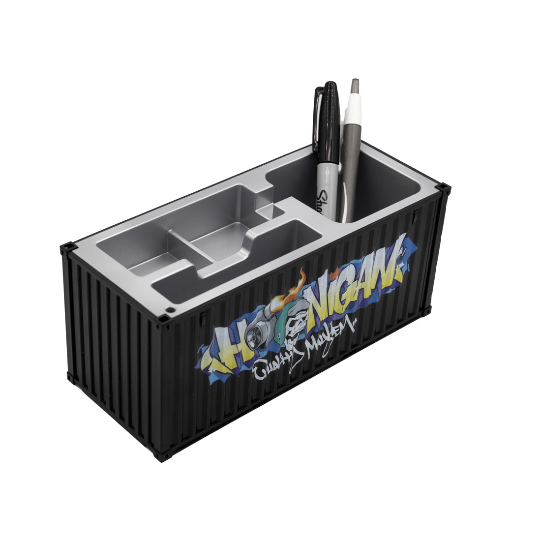 Hoonigan X Spen1 miniature shipping container model in vibrant colors with detailed logo design.