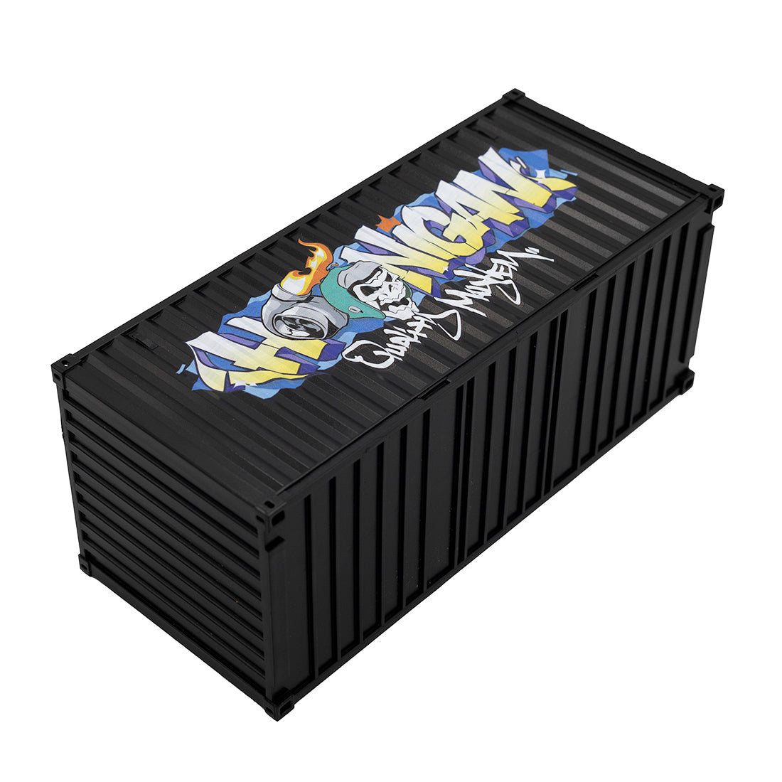 "Mini shipping container featuring Hoonigan X Spen1 branding, with vibrant graphics and a detailed design."