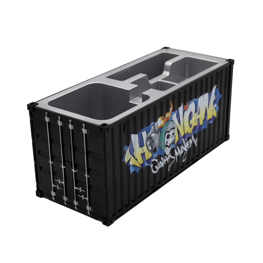 Hoonigan X Spen1 collectible mini shipping container in vibrant blue with Hoonigan branding.