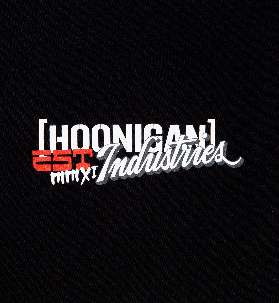 Black Hoonigan FOREVER MIDNIGHT short sleeve tee featuring bold white graphics and a relaxed fit, displayed against a neutral background.