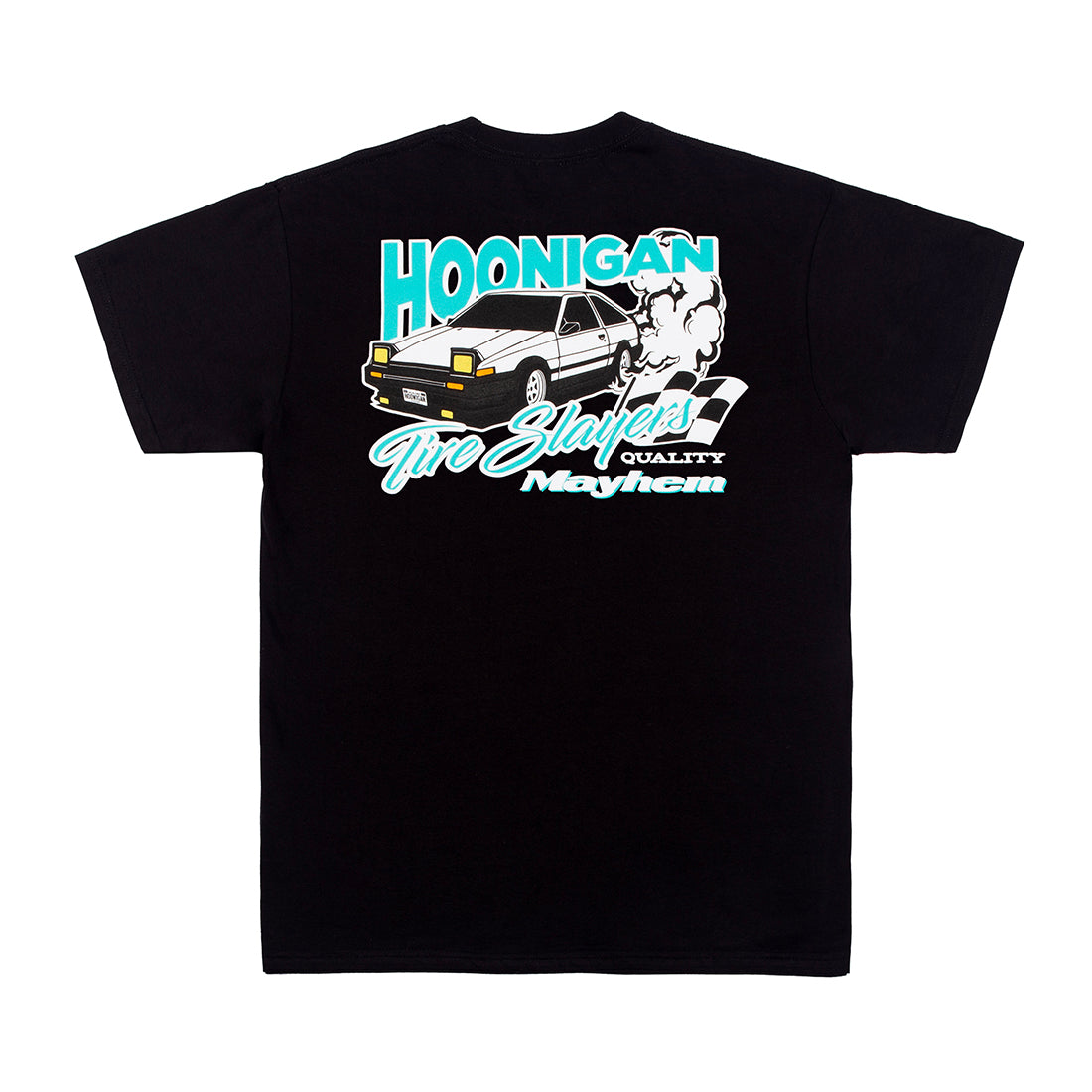 Hoonigan 86 TIRE SLAYERS Short Sleeve Tee black back design with tire slayer graphic.