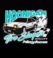 Hoonigan 86 Tire Slayers black short sleeve tee featuring detailed back design.