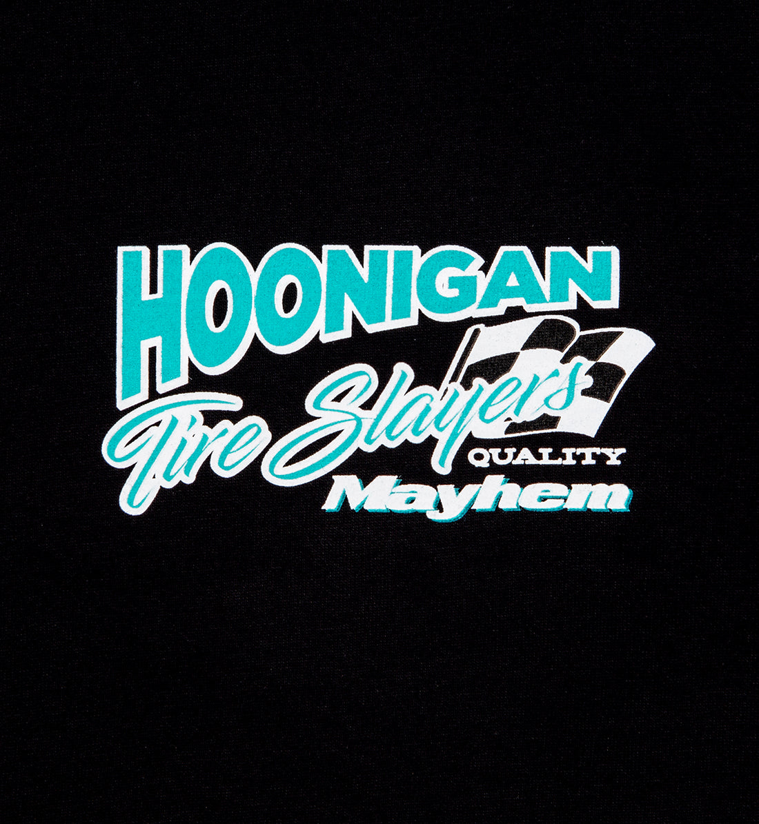 Black Hoonigan 86 TIRE SLAYERS short sleeve tee featuring bold white graphic text on the front.