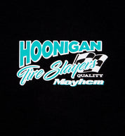 Black Hoonigan 86 TIRE SLAYERS short sleeve tee featuring bold white graphic text on the front.