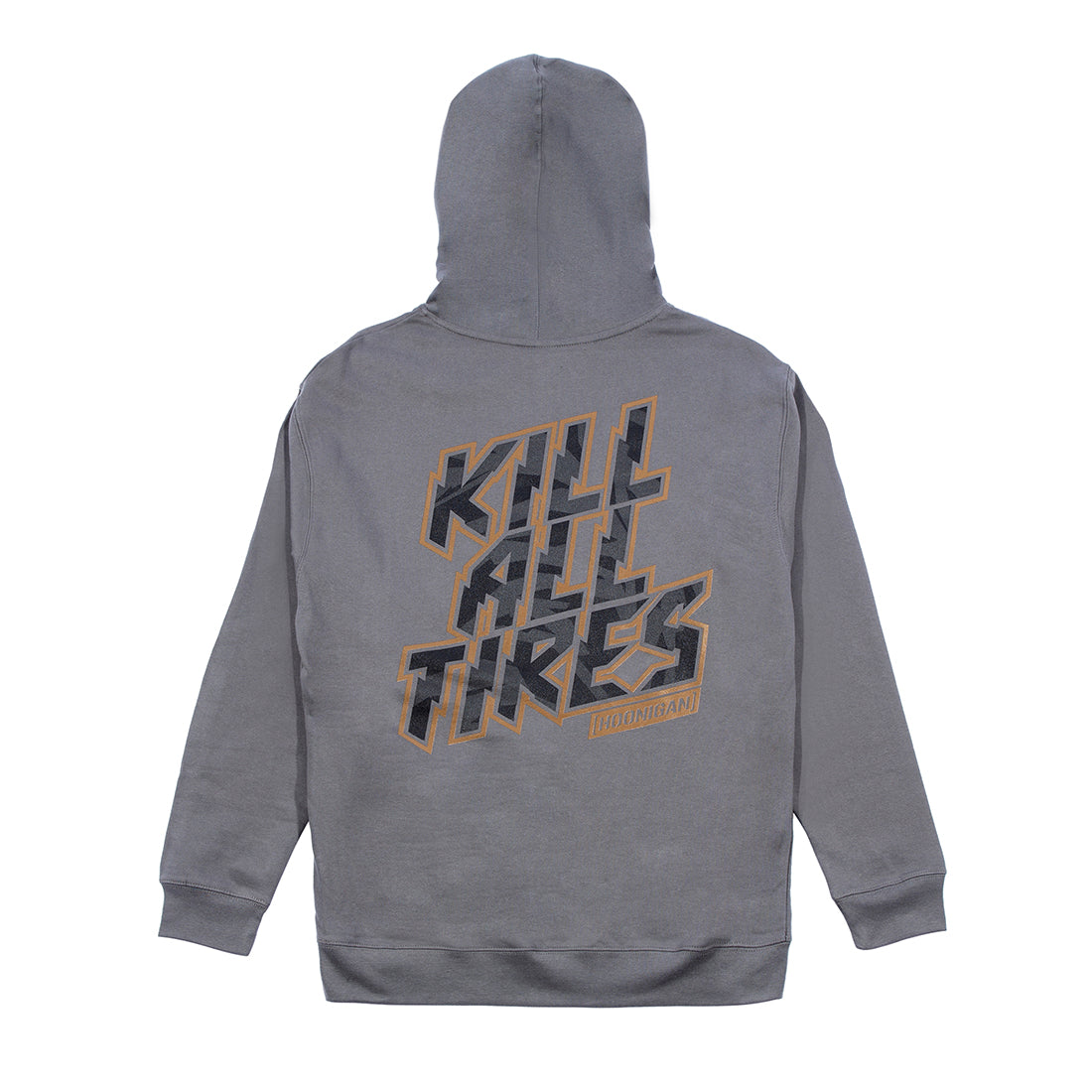 Black Hoonigan GYMKHANA7 "KILL ALL TIRES" pullover hoodie featuring a bold graphic on the back.