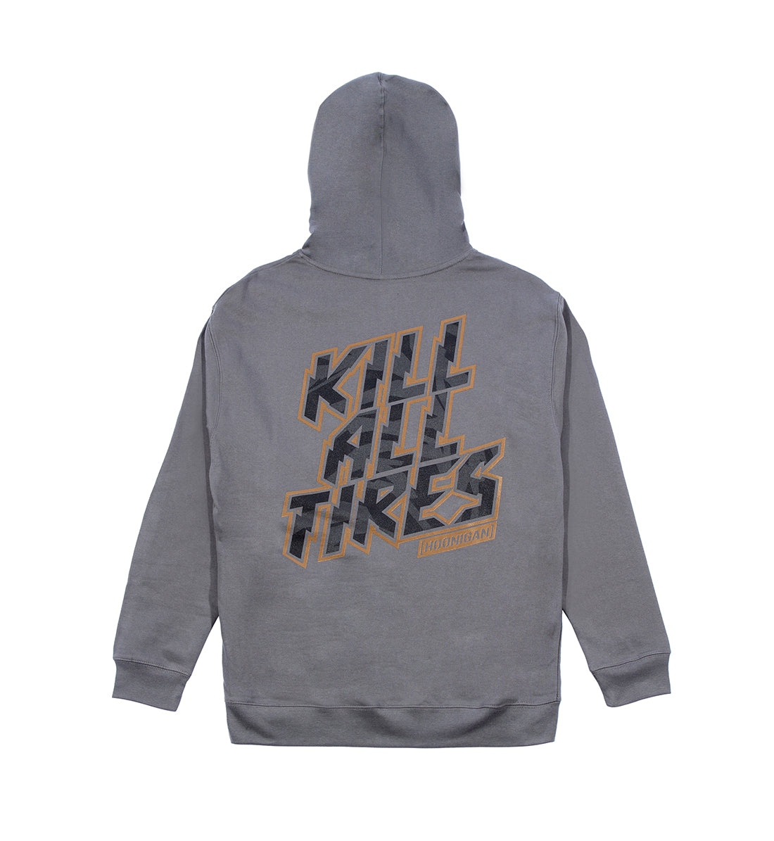 Black Hoonigan GYMKHANA7 "KILL ALL TIRES" pullover hoodie featuring a bold graphic on the back.