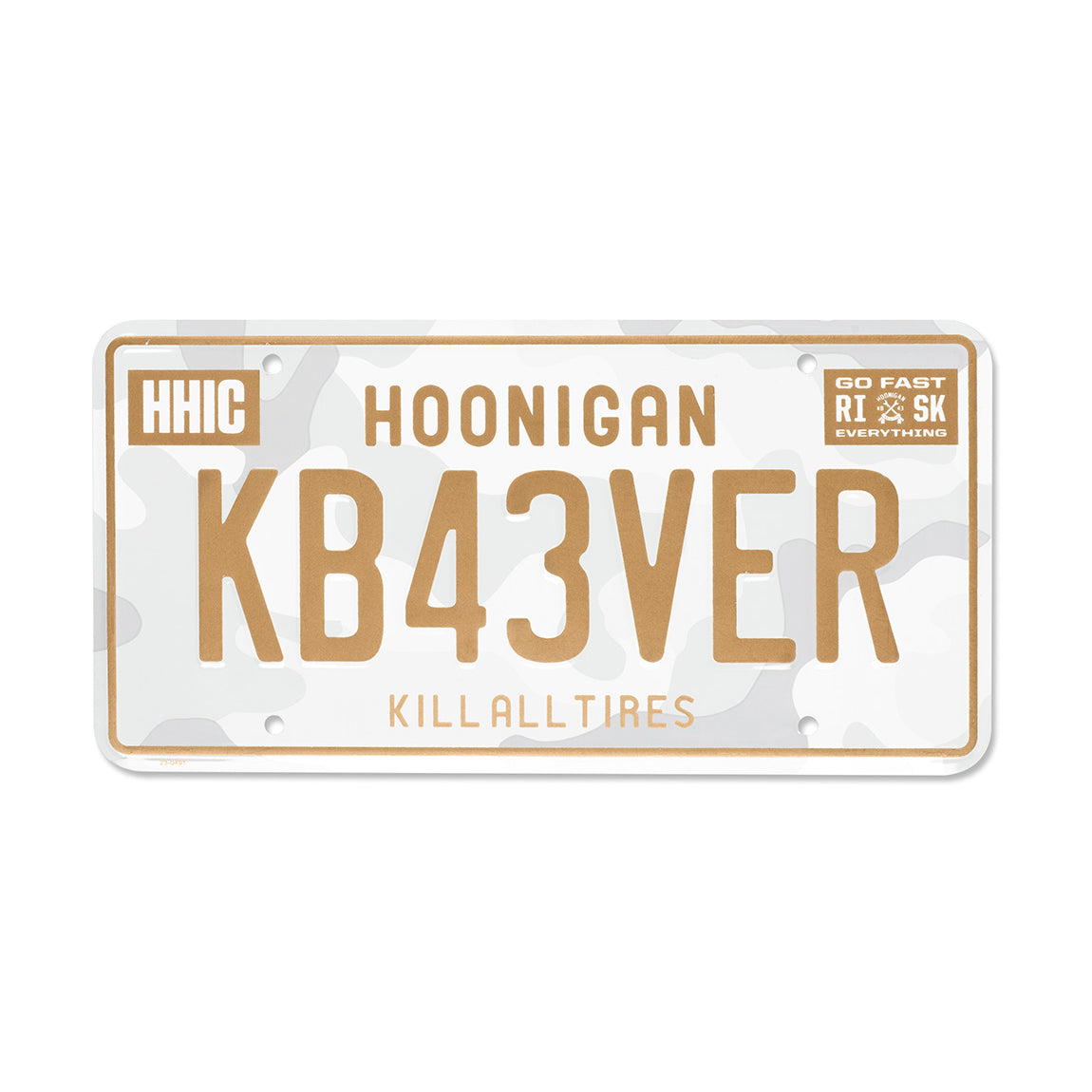 Hoonigan KB43VER Snow Camo Metal License Plate featuring a unique snow camo design.