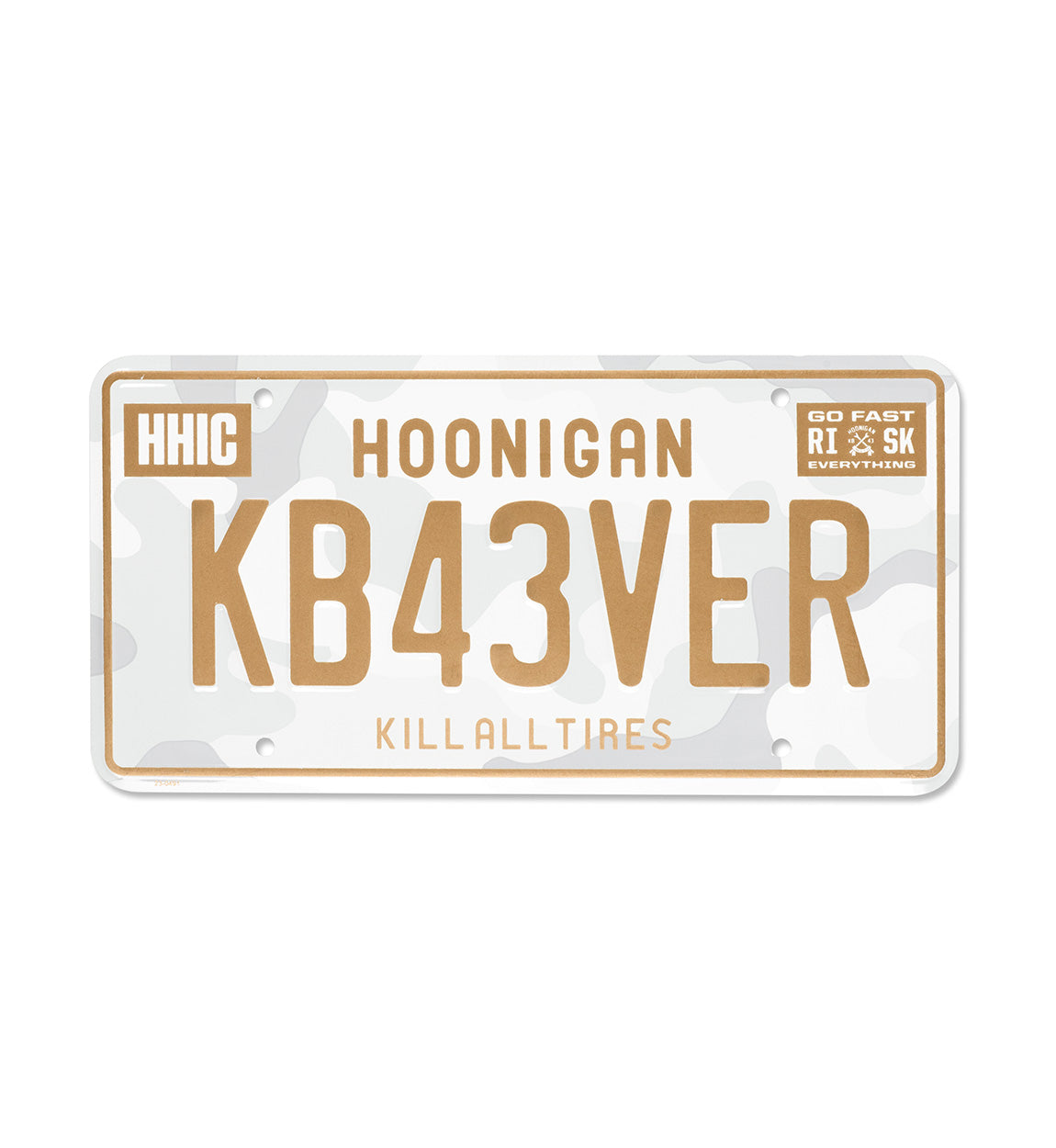 Hoonigan KB43VER Snow Camo Metal License Plate featuring a unique snow camo design.