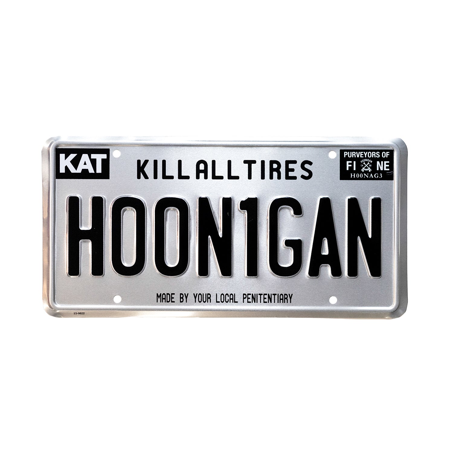 Hoonigan METAL License Plate featuring bold graphics and a sleek design, ideal for automotive enthusiasts.