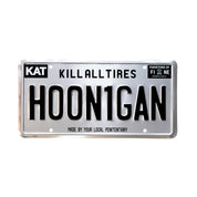 Hoonigan METAL License Plate featuring bold graphics and a sleek design, ideal for automotive enthusiasts.