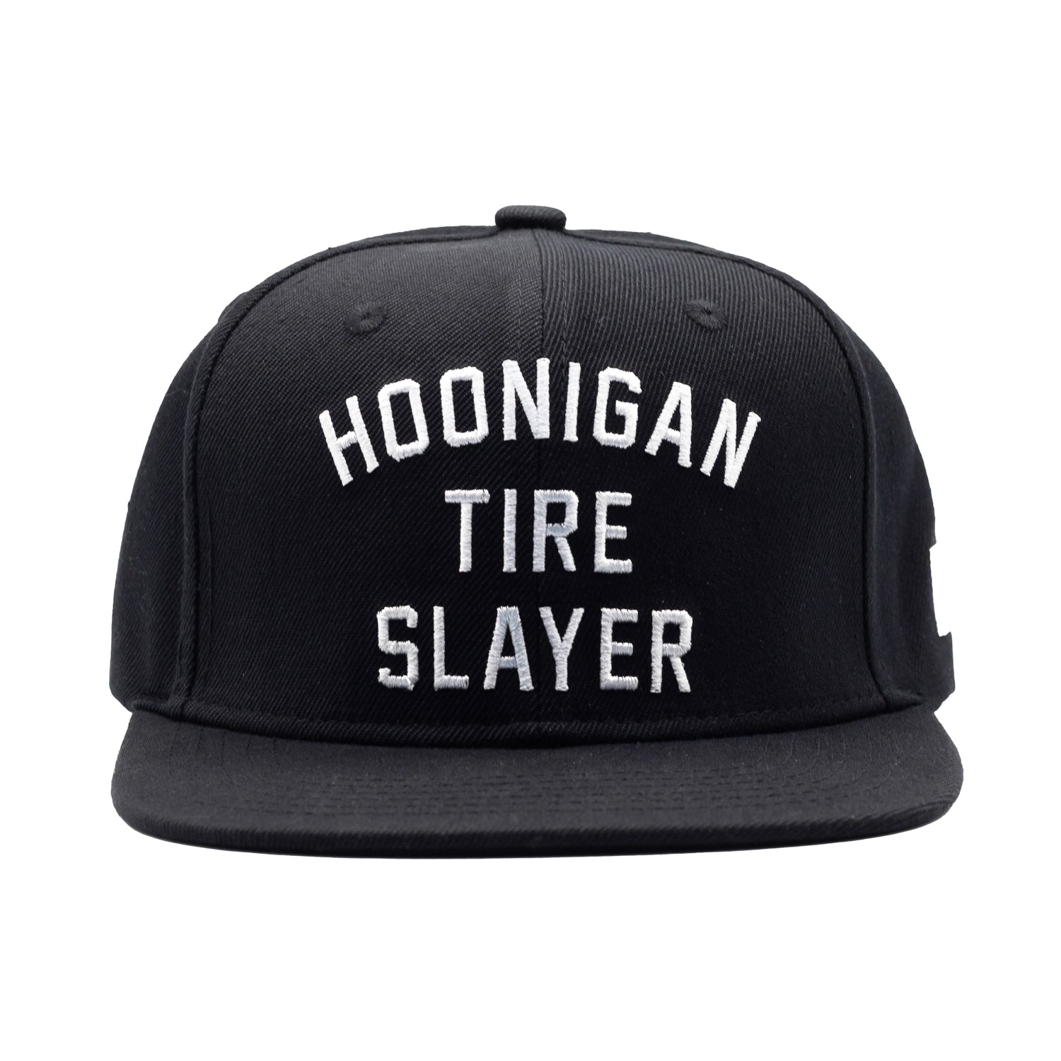 Hoonigan TIRE SLAYER Snapback Hat featuring a black base with bold white graphics and a flat brim.