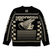 Hoonigan TIRE SLAYER Ugly Xmas Pullover featuring a festive design with tire-themed graphics and holiday motifs in a cozy, casual style.