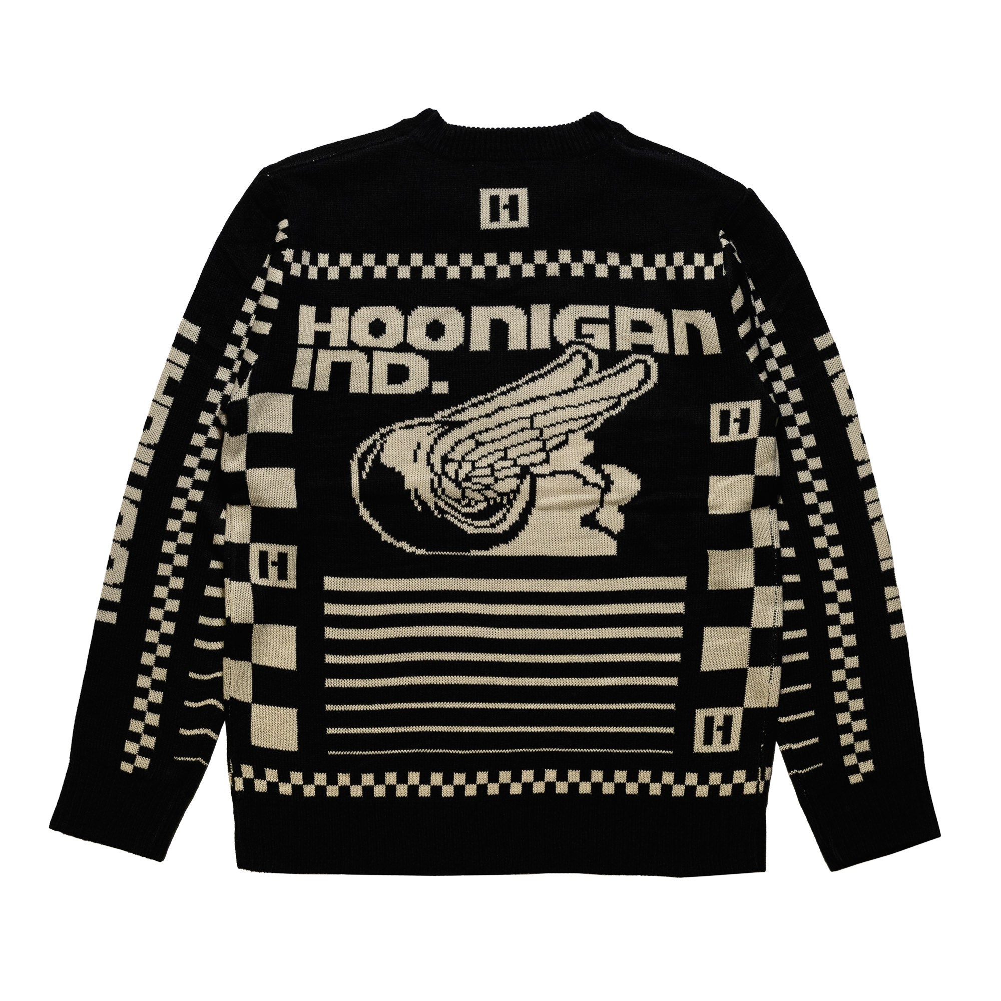 Hoonigan TIRE SLAYER Ugly Xmas Pullover featuring a festive design with tire-themed graphics and holiday motifs in a cozy, casual style.