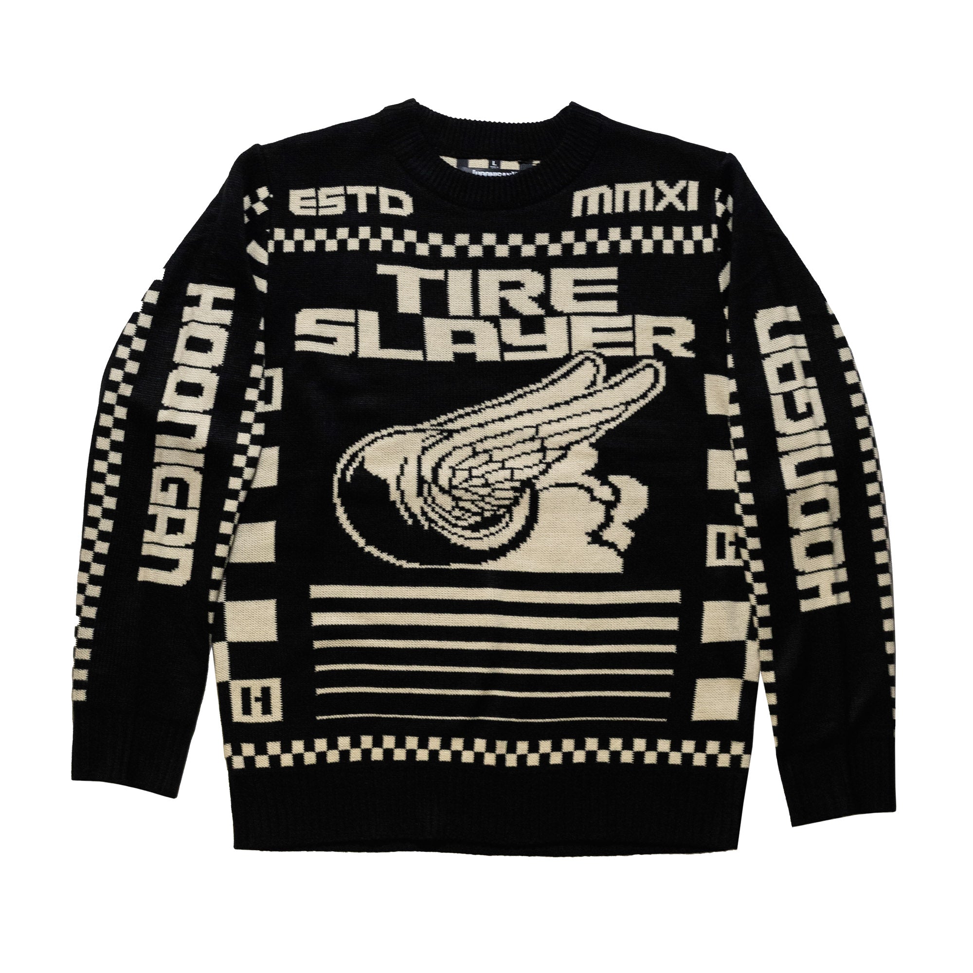 Hoonigan TIRE SLAYER Ugly Christmas Pullover featuring a festive design with holiday graphics and the Hoonigan logo.