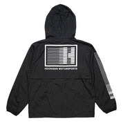 Hoonigan Motorsports black windbreaker jacket featuring a bold logo on the back and a lightweight design, perfect for casual wear and outdoor activities.