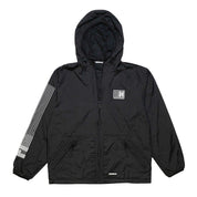 Black Hoonigan Motorsports windbreaker jacket featuring a full zip, adjustable hood, and bold logo on the front.