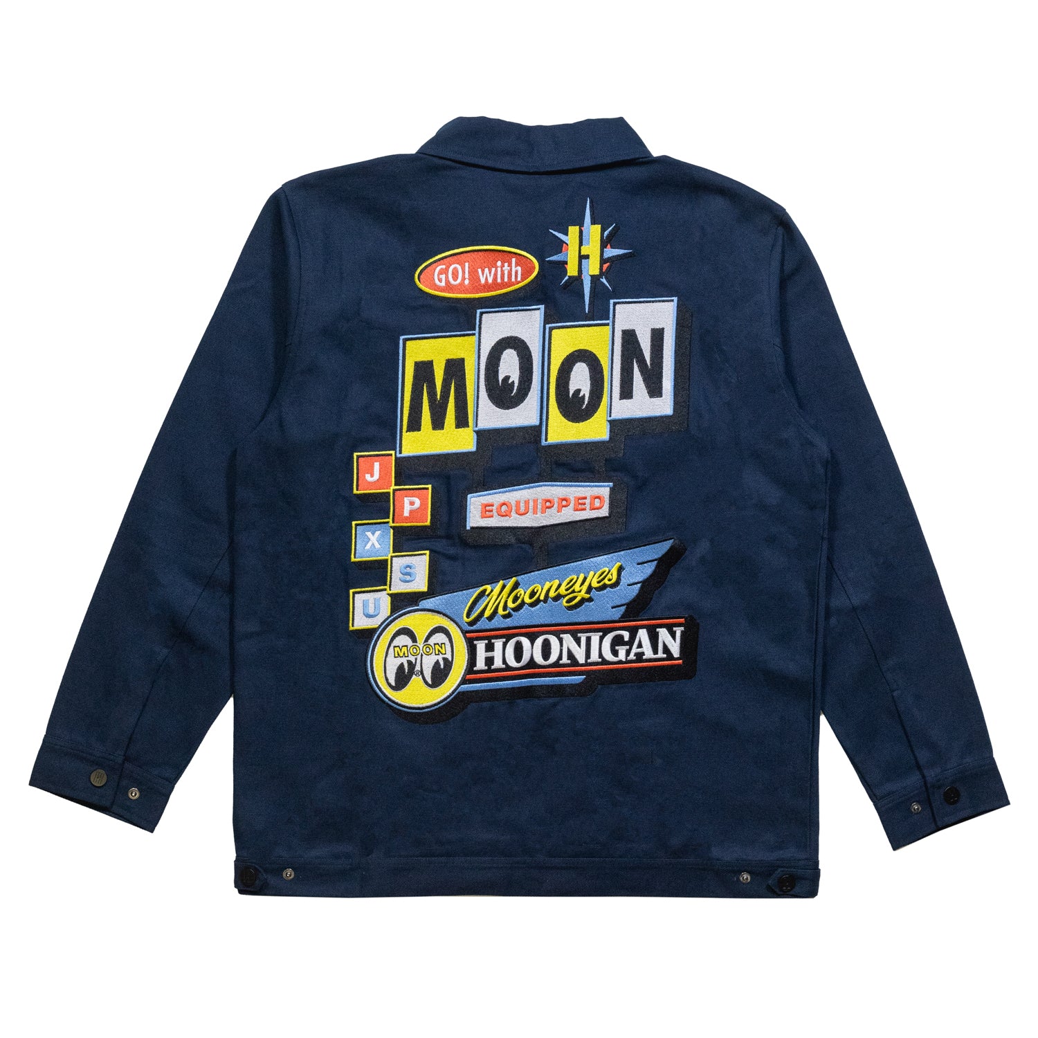Hoonigan x Mooneyes MOON MOTEL black jacket featuring front zip closure, embroidered logos, and retro motel design.