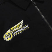 Hoonigan x Mooneyes MOON MOTEL black jacket featuring a retro motel graphic and logo on the back.