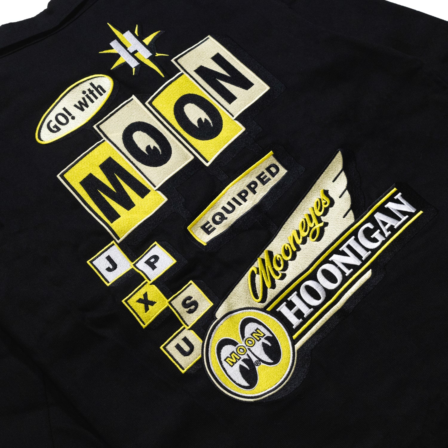 Hoonigan x Mooneyes MOON MOTEL black jacket featuring a retro-inspired design with logo graphics and a front zipper.