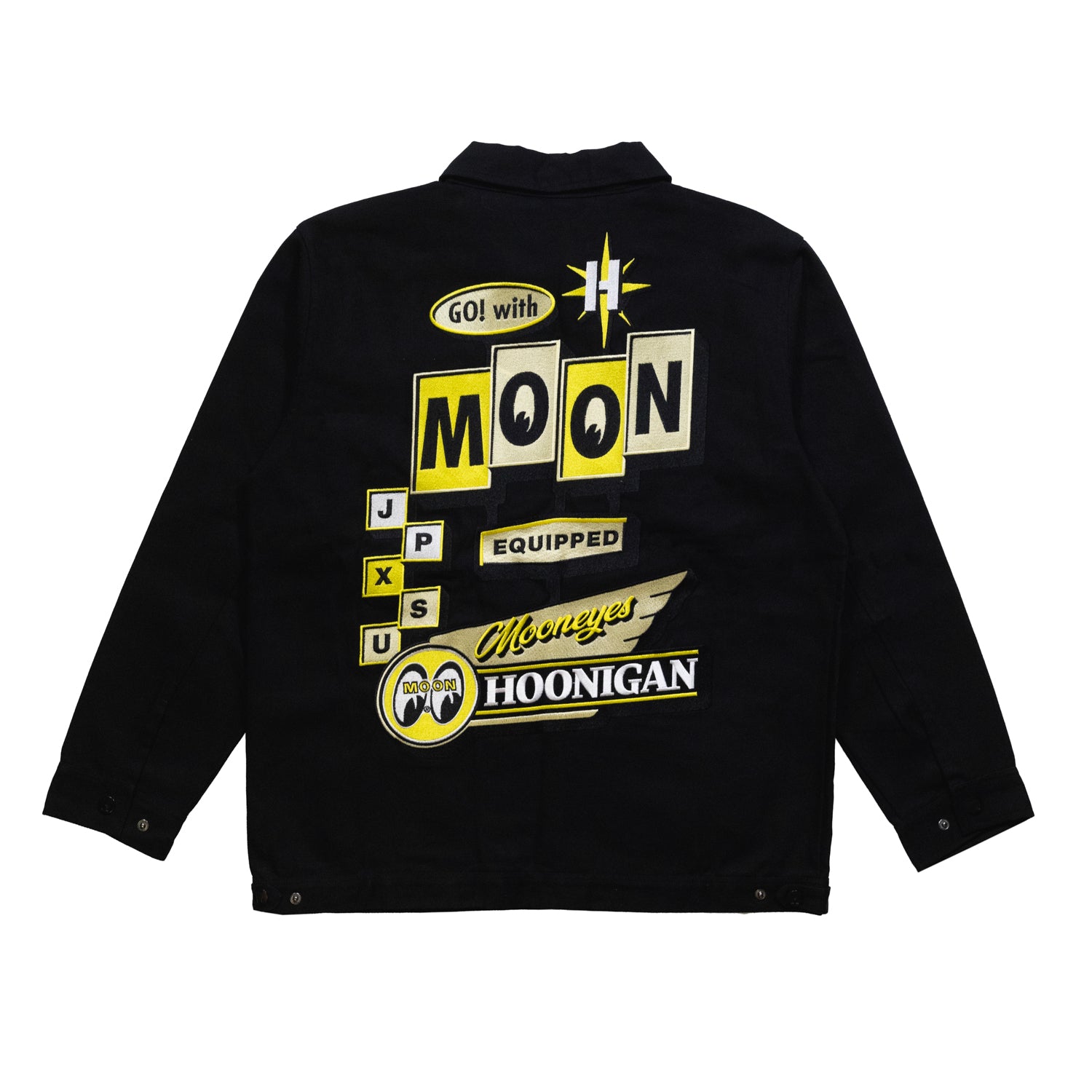 Hoonigan x Mooneyes MOON MOTEL black jacket featuring unique graphic designs and logo prints.
