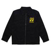 "Hoonigan x Mooneyes SO CAL Jacket featuring a black design with bold graphics and patches, ideal for motorsport enthusiasts."
