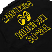 Hoonigan x Mooneyes SO CAL jacket featuring a black and yellow design, showcasing the Hoonigan and Mooneyes logos on the front and back.