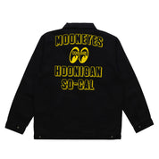 Hoonigan x Mooneyes SO CAL Jacket featuring a black design with yellow and white logo graphics.