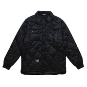 Men's Hoonigan Motorsports VICTOR Quilted Jacket in black, featuring a zip front, stand collar, and quilted pattern.