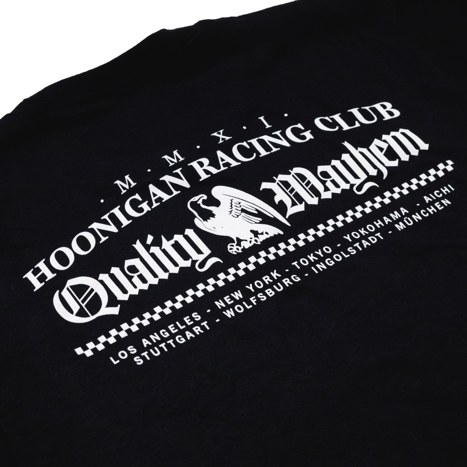Black short sleeve tee featuring Hoonigan CHAPTERS logo graphic on the front.