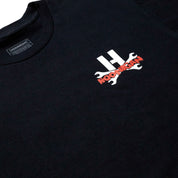 Hoonigan DOUBLE FEATURE Short Sleeve Tee in black featuring bold graphic prints on the front and back.