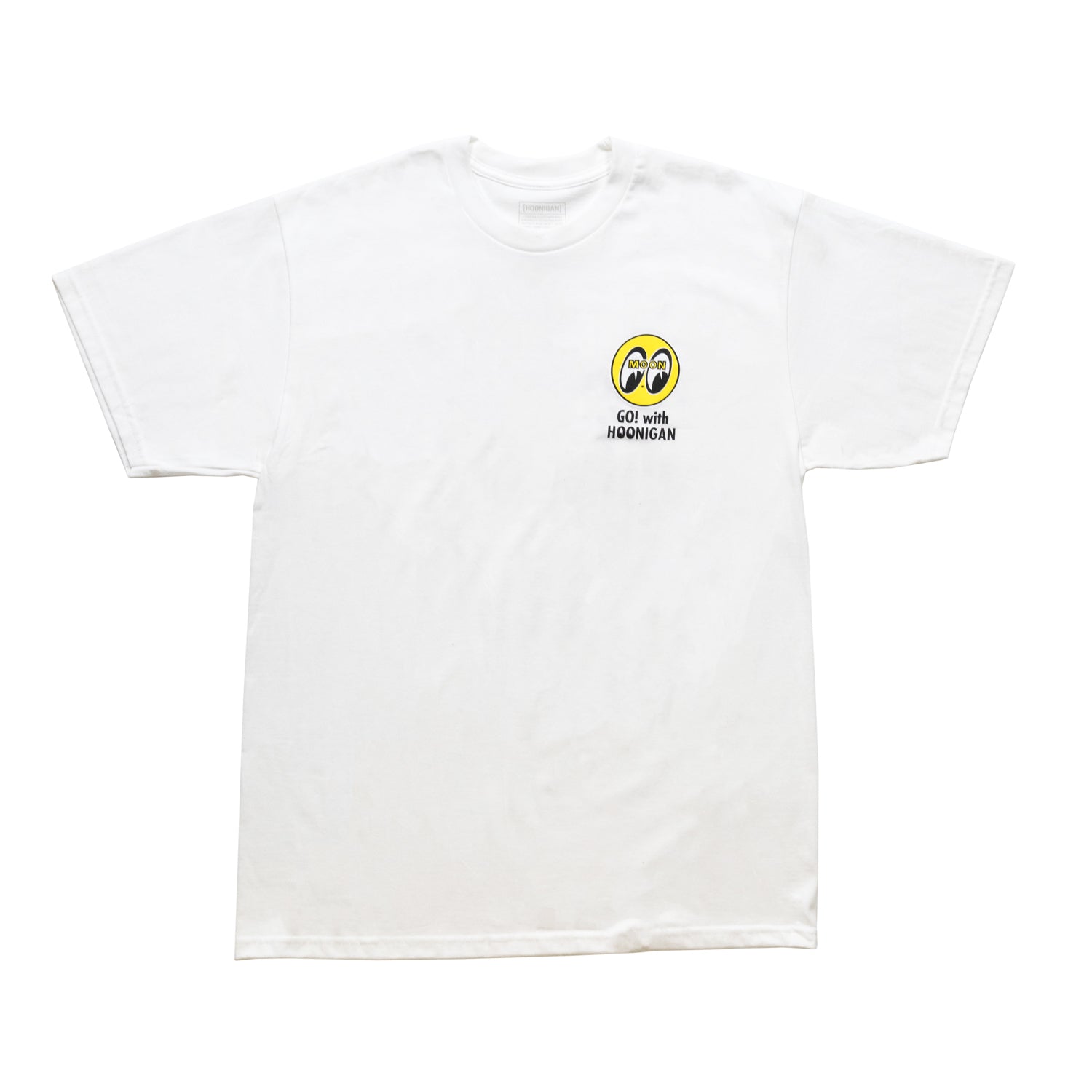 Hoonigan x Mooneyes "GO WITH HOON" white short sleeve tee featuring a bold graphic print.